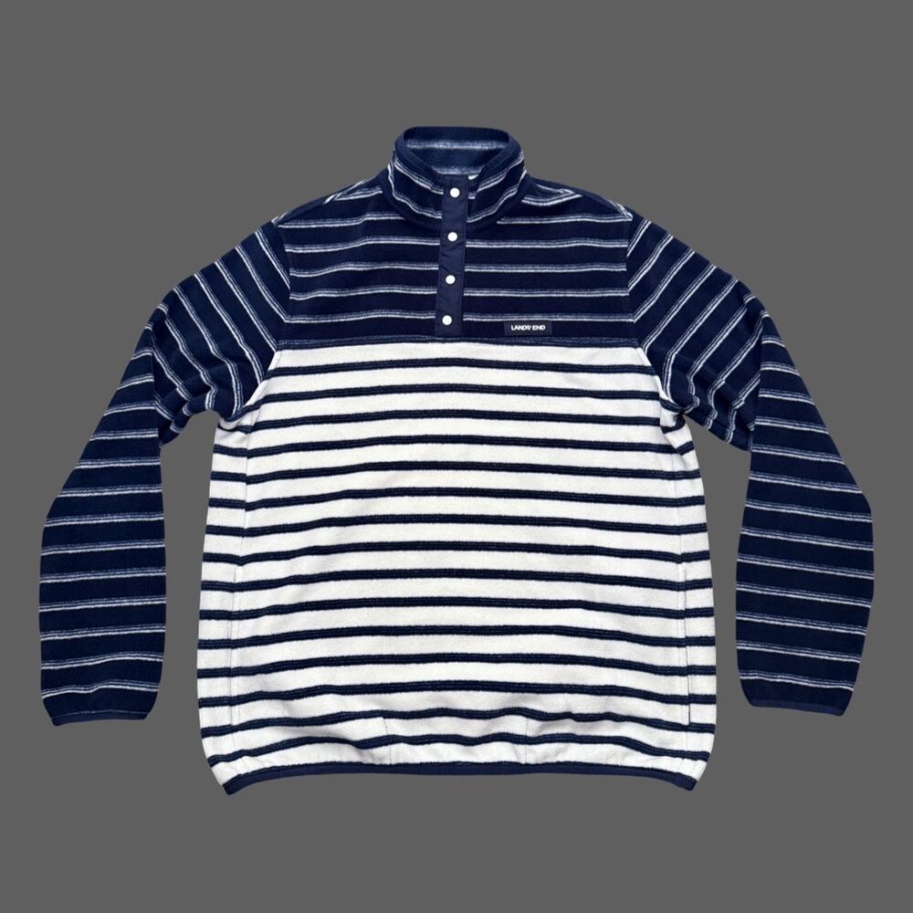 Lands' End Heritage Snap Fleece Navy Stripe M